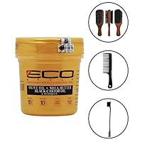 Eco Style Gold - Olive Oil, Shea Butter and Black Castor & Flaxseed Oil Gel 8oz (Including Double Sided Edge Control Hair Brush, Detangling Wide Tooth Comb Set & 100% Boar 2-Sided Club Brush)