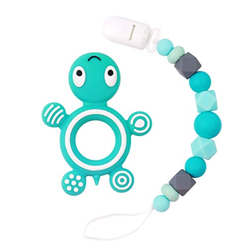 MCGMITT Silicone Pacifier Clip with Turtle Teether, Binky Holder Teething Beads Relief Toys for Baby Girls Boys
