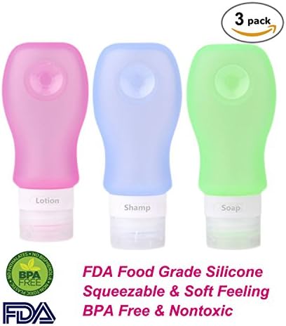 Xage Travel Bottles Leak Proof - Portable Soft Food Grade Silicone Squeeze Travel Containers Set for Toiletries Liquids, Large Size Refillable Travel Accessories (3 OZ 89ml, Green+Blue+Pink)