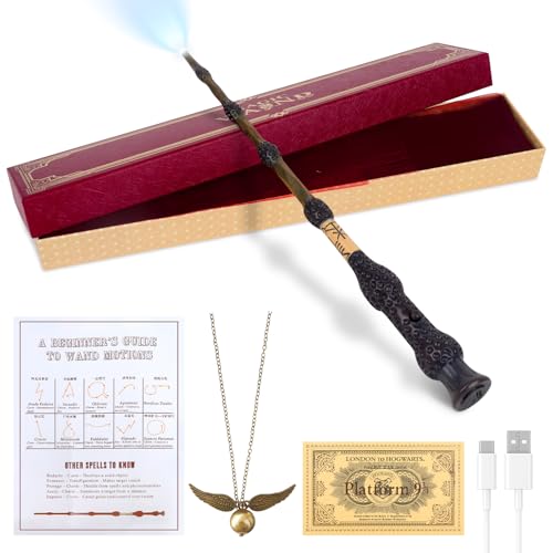 Baguette magique avec lumière, 38 cm, chargement USB, dans une boîte cadeau, avec carte de sort, carte de transport et collier, pour Halloween, carnaval, cosplay