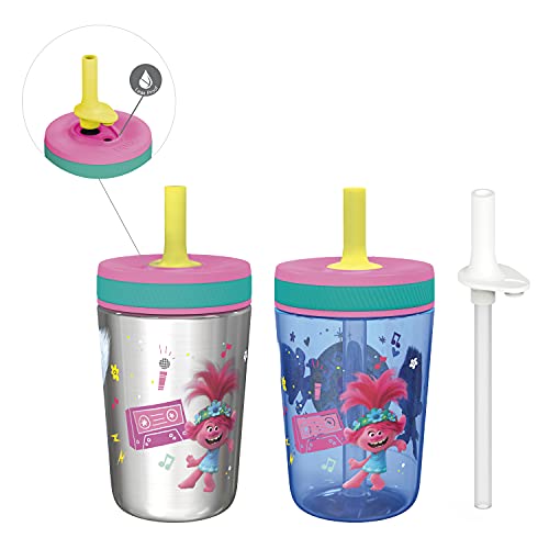 Zak Designs Trolls World Tour Kelso Tumbler Set, LeakProof ScrewOn Lid with Straw, Bundle for