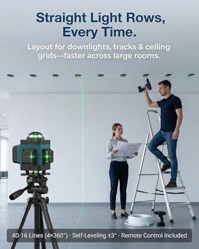 Laser Level, Self Leveling Laser Level 4D 16 Line 360° Green, Tripod & Wall Mount, Remote, Lift Platform, 2×2400mAh, IP54, ±0.2mm/10m