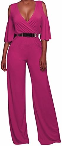 Rokiney Women Plunge V Neck High Waist Belted Wide Leg Palazzo Jumpsuits S Rose