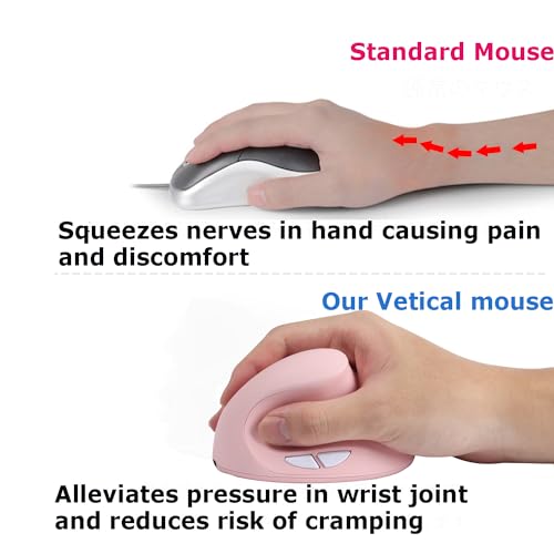 Wireless Mouse Ergonomic Vertical Pink Rechargeable Silent Upright Comfortable Carpal Tunnel Ergo Optical Cordless Mice for Small Middle Hands for PC Laptop Computer Macbook Office Work Wrist Pain