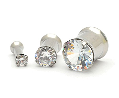 316L Stainless Steel Double Flare Tunnels with Prong Set Clear CZ plugs (PS-145) - Sold as a pair (4g (5mm))