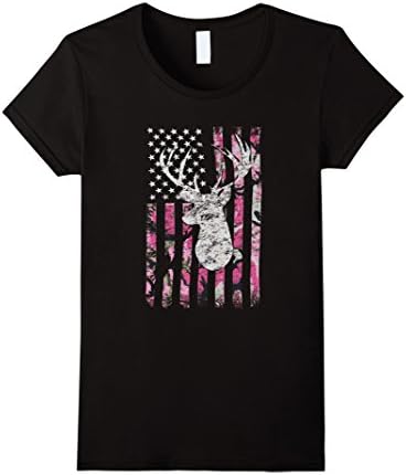 Womens Pink Camouflage American Flag Deer Hunting T-shirt Large Black