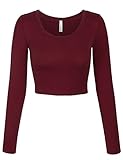 KOGMO Womens Long Sleeve Basic Crop Top Round Neck With Stretch -S-BURGUNDY