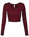 KOGMO Womens Long Sleeve Basic Crop Top Round Neck With Stretch -S-BURGUNDY