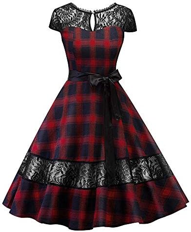 Plaid Mini Dress for Women Ladies Tartan Print Irregular Retro Loose Swing Dress High Waist Cocktail Party Lace Up Asymmetrical Hem Skirt Dress