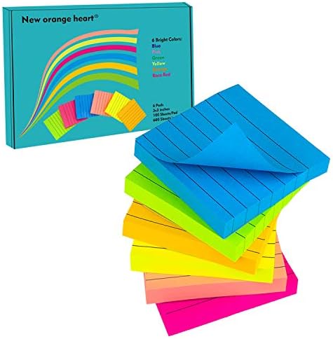 Lined Sticky Notes 3x3 Inches, Bright Colors Self-Stick Notes, 6 Pads 100 Sheets/Pad, Assorted Colors Stickies, Easy Post Notes for Reminders, Studying, Office, School, and Home