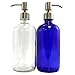 Clear & Cobalt Blue 16-Ounce Glass Bottles with Stainless Steel Pump Nozzles Included (2 Pack); Empty Multipurpose Bottles Ideal for Lotion & Liquid Soap