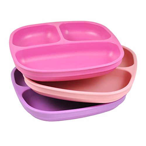 Re-Play Made In USA 3pk Divided Plates with Deep Sides for Easy Baby, Toddler - Bright Pink, Blush & Purple (Princess)