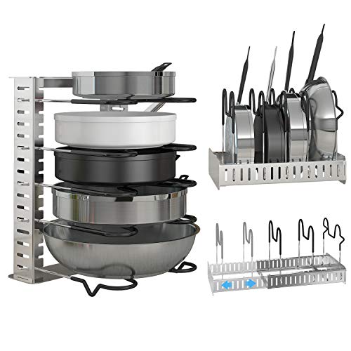 Lifewit Expandable Pan and Pot Lid Organizer Rack Holder Adjustable Kitchen Cabinet Pantry, 5-Tier Compartments Cupboard Bakeware Lid Plate Holder, Silver and Black - Thumbnail 7