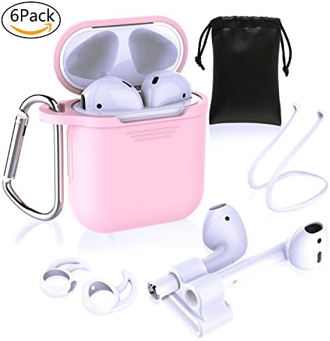 Airpods Accessories - Derhom Airpods Watch Band Holder | Airpods Silicone Case Cover | Headphone Accessories Bag[Include Anti-lost Strap/Keychain/Earhooks] for Apple Airpod (Pink)