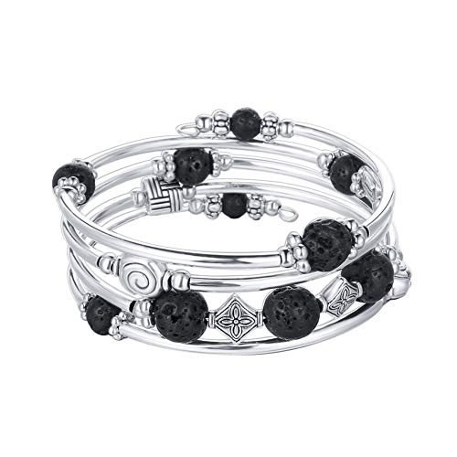 Pearl&Club Beaded Bangle Wrap Lava Bracelet - Fashion Jewelry Multilayer Charm Bracelet with Thick Silver Metal Beads, Gift for Women and Girls (Lava Bracelet) - Thumbnail 6