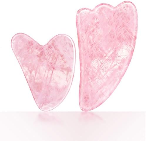 2 Packs Pink Rose Quartz Gua Sha Scraping Massage Tool, Natural Handmade Jade Stone Gua Sha Scraping Board for Anti Aging, Eye Puffiness, Facial Lifting,Relieve Stress,Improve The Blood Circulation