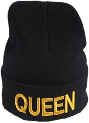 LAKALA Thick Slouchy Knit Beanie Cap King and Queen Hats Gold Queen