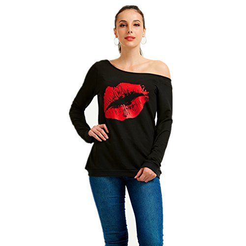 MAGICMK Women's Sexy Pullover Lips Print Casual Off The Shoulder Slouchy Shirt (L, Black+Red)