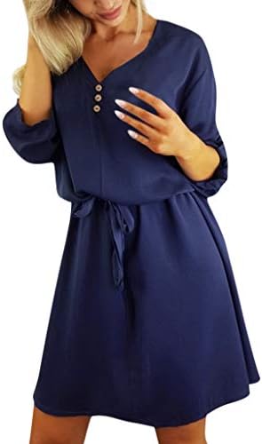Colouredays Dress for Women Casual Summer Clothing Tunic Long-Sleeved Solid Design Buttons Half Sleeve Belt Skirt