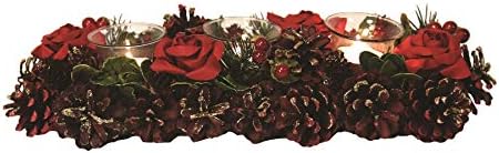 Red Rose Rectangle Christmas Wreath & Triple Tea Light Candle Holder 36cm