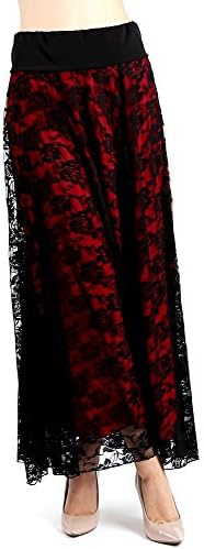 EVANESE Women's Fold Over Wide Waist Band with Elastic Full Maxi Long Lace Skirt