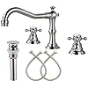 Bathroom Sink Faucet Widespread Brushed Nickle Double Mixing Tap Deck Mount Cross Knobs 3 Hole with Pop Up Drain