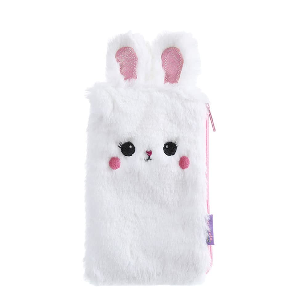 1PCS Plush Pencil Case, Rabbit White Fluffy Zip-up Pen Bag Holder Makeup Pouch Soft Stationery Storage Organizer Large Capacity Colored Writing Utensil Case School Supply Cute Coin Purse for Kids