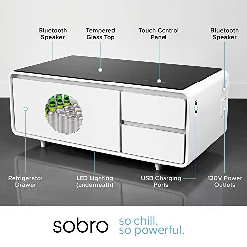 Sobro Coffee Table with Refrigerator Drawer Bluetooth Speakers, LED