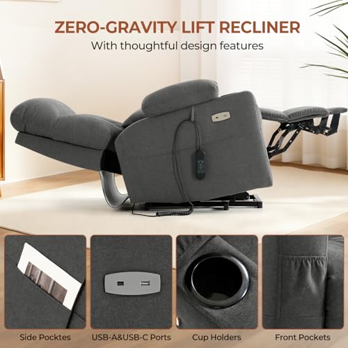 Power Lift Recliner Chair for Elderly with Adjustable Headrest, Triple Motor Zero Gravity Recliner Chairs for Adults with Massage & Heat, Extended Footrest, Cup Holder, Lumbar Pillow, Fabric (Grey)