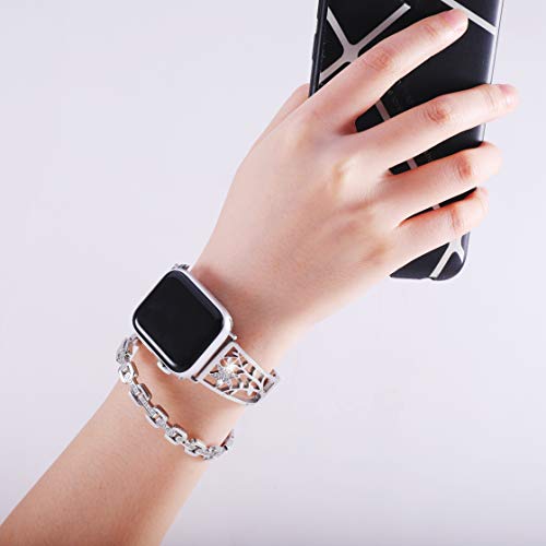 YvY Metal Stainless Steel Band Compatible with Apple Watch Band 38mm 40mm 42mm 44mm, Replacement Wristband for iWatch Series SE 7 6 5 4 3 2 1 for Women Men with Flower Bling Diamond Replacement Bracelet