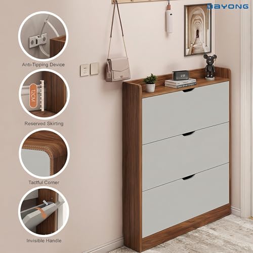 DAYONG Shoe Storage Cabinet, Wood Shoe Storage Organizer with 3 Flip Drawers, Slim Hidden Organizer for Entryway, Narrow Shoe Cabinet for Small Space Hallway Living Room Dorm. (COLOUR1)