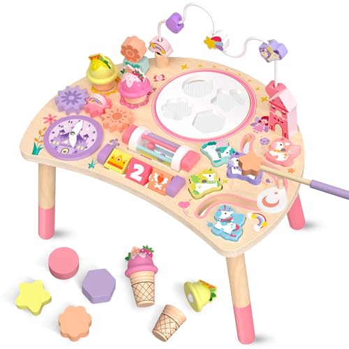 Fozcmisw Tavolo attività Montessori in Legno 10 in 1 Unicorno 1 Anno | Prendere, Ordinare, Girare e Ascoltare Aiuta la Motricità Fine Durante il Gioco Quotidiano