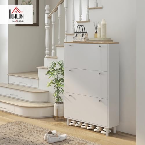 HOMCOM Shoe Cabinet, Narrow Shoe Storage Cabinet with 3 Flip Drawers and Adjustable Shelves for 24 Pairs of Shoes for Entryway, Hallway, White
