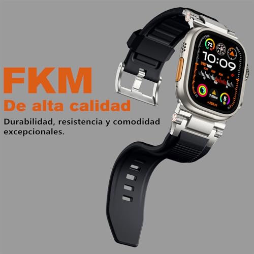 Bandletic R-Steel Strap Compatible with Apple Watch Ultra 2/Ultra 49mm, Series 9/8/7 45mm, Series SE2/6/SE/5/4 44mm, Robust FKM Replacement Bracelet with Elegant Design Metal Connector, Black