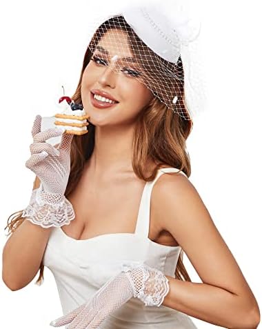 Fascinator Hat with Veil and Lace Gloves Pillbox Cocktail Tea Party Headpiece Geyoga 3 Pcs Fascinators Hat Set for Women Tea Party Funeral  main image 2
