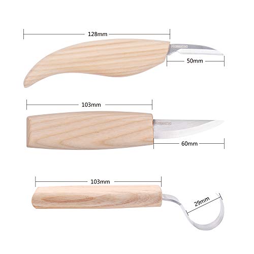 Newkiton 6Pcs Wood Carving Tools Set for Spoon Carving 3 Knives in Tool Roll Leather Strop and Polishing Compound, Hook Sloyd and Detail Knife for Woodworking Craft, Free Bonus Cut Resistant Gloves - Thumbnail 3