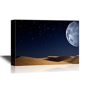 Canvas Wall Art - Watercolor Painting Style Scenery with Full Moon Above The Calm Desert at Night - Giclee Print Gallery Wrap Modern Home Art | Ready to Hang - 12x18 inches
