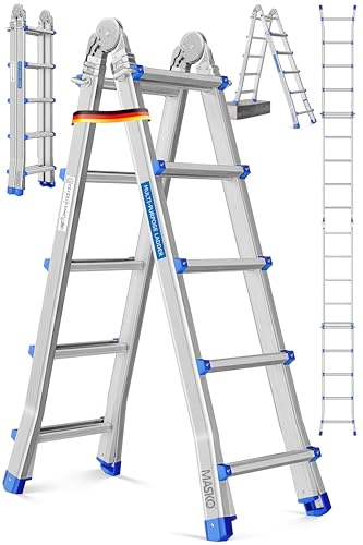 MASKO Aluminium 6in1 Mehrzweckleiter – 20 Sprossen | - 520 cm | 150 Kg, ausziehbar, rutschfest, Multifunktional, Gelenkleiter, Anlegeleiter, Klappleit