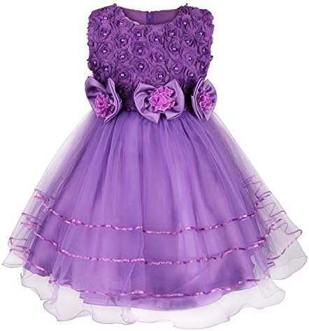 Discoball Girls Rose Flower Bow Tie Princess Party Dress Tulle Wedding Bridesmaid Christening Dress for Girls