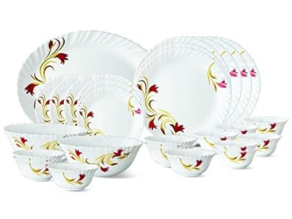 Borosil Redlily Opalware Glass Dinnerset,27Pcs,White
