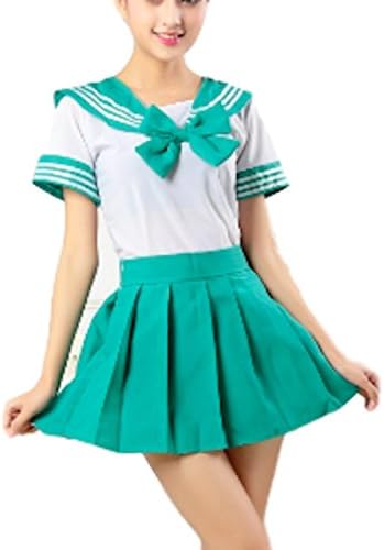 Moon Market Women Japanese School Sailor Uniform Suit Sexy Dress Cosplay Costume Anime Girl Lady Lolita High School College Students Game (L, Green)