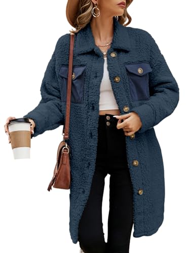 EVALESS Womens Fuzzy Fleece Jackets Faux Fur Teddy Coat Blue Large at Amazon