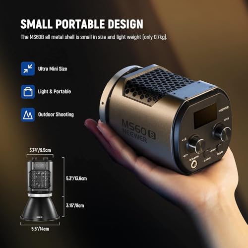 NEEWER MS60B Bi Color COB Portable Video Light with 2.4G/APP Control, 65W Metal Mini Handheld Continuous Output Lighting Bowens Mount 2700K-6500K, 40000lux/1m, CRI 97+/TLCI 98+, 12 Effects,PWM Dimming