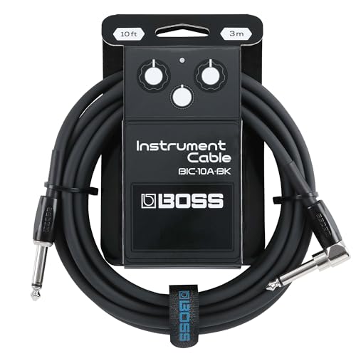 BOSS BIC-10A Series, Instrument Cable, Straight to Right-Angle ¼-Inch Connectors, 10ft./3m Length, Cables for Guitar, Bass & More, Quiet Operation & Durable, Black