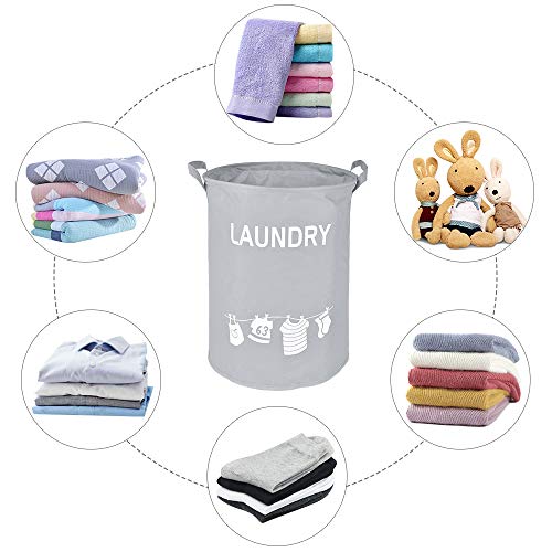 HOULIFE Laundry Basket, Oxford Fabric Collapsible Waterproof Laundry Hamper Bag Storage Basket with Handles Foldable Round Home Organizer Laundry Bin for Baby Nursery Storage Toys (Gray)