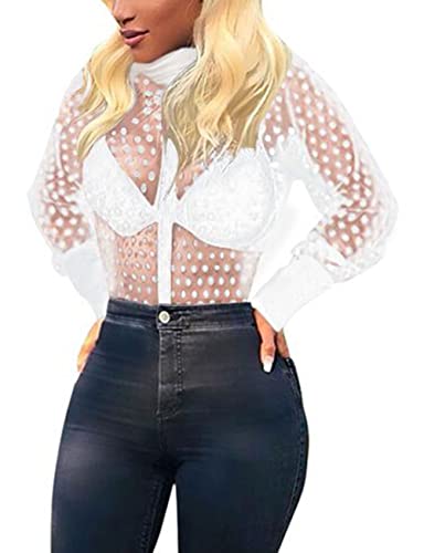 Angsuttc Women White Button Down Shirt See Through Sheer Mesh Long Sleeve Blouse,White L at Amazon