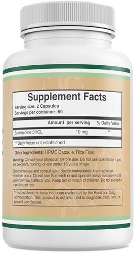 Spermidine Supplement (10mg of 99% Spermidine 3HCL - Third Party Tested) 120 Capsules - Over 100x More Potent Than Wheat Germ Extract for Cell Membrane, Telomere Health and Aging by Double Wood