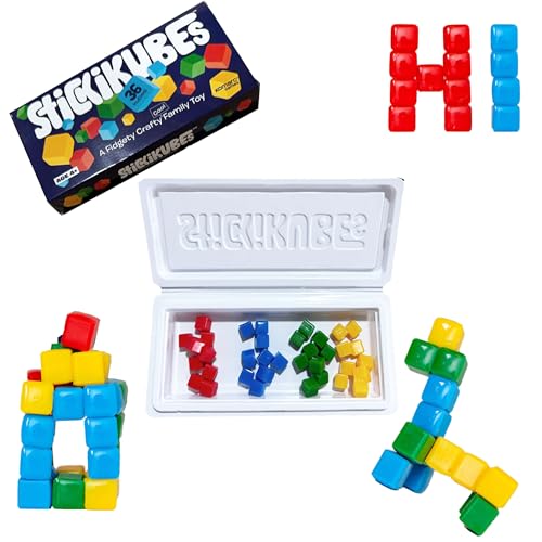 KOMARC GAMES StickiKubes, Mini Stacking Cubes That Stick to Anything, Non Toxic Kid Safe Sticky Blocks, Creative Construction Toy - 36 Cubes, 4 Colors, Display Easel