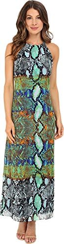 Christin Michaels Women's Catania Snakeskin Print Maxi Blue Dress LG