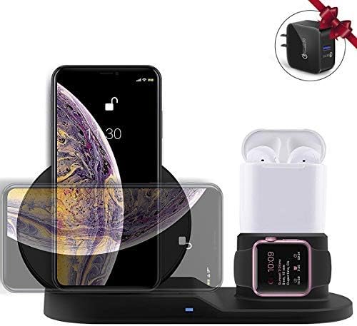 Fast Wireless Charger Stand 10W 7.5W 3 in 1 Quick Charging Station Dock with QC3.0 Adapter,Compatible for iPhone X/XS/XR/Xs Max/8/8 Plus Watch 1~4 and Airpods Samsung Galaxy S9/S9+/S8/S8+/S7/Note 8